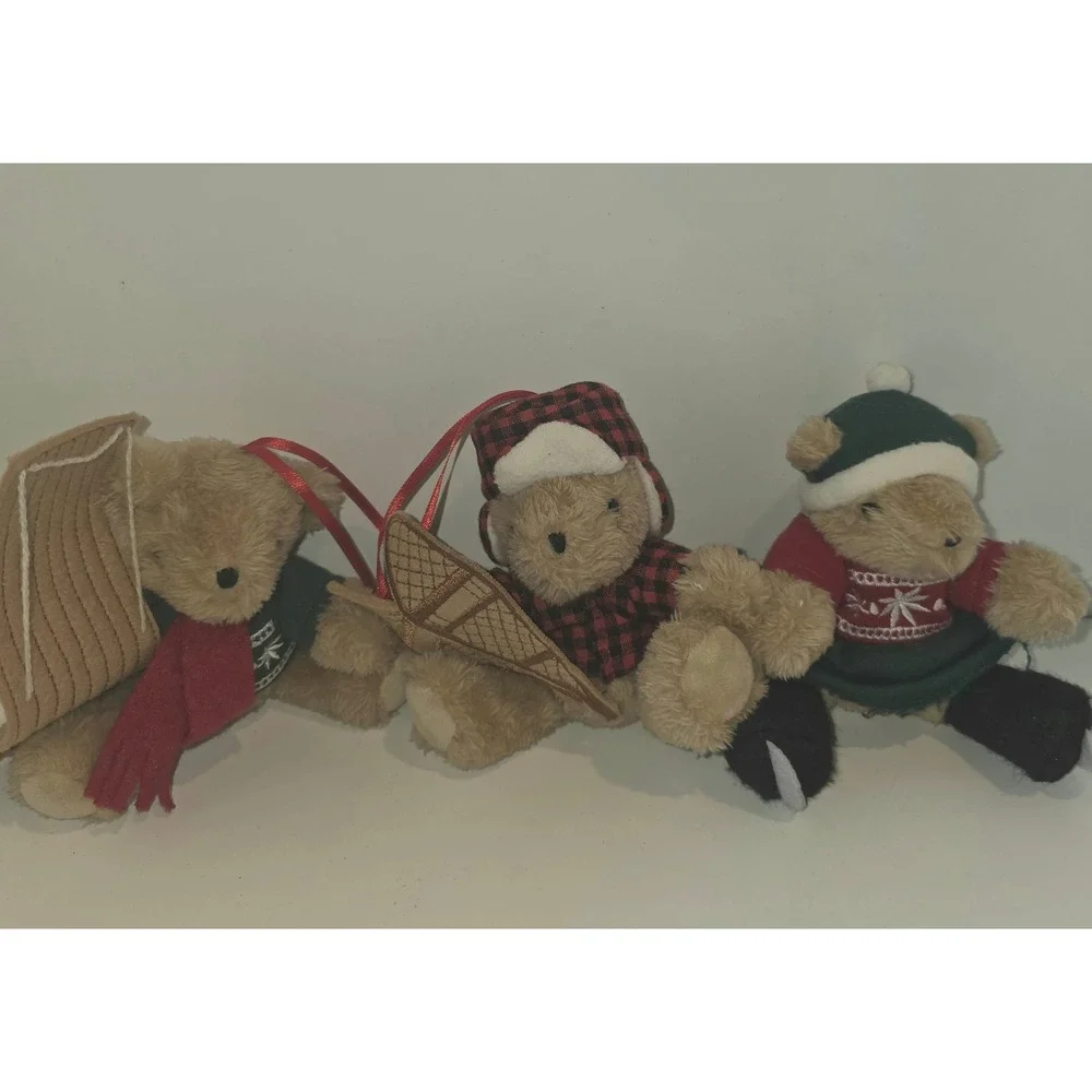 Plush Teddy Bear Christmas Ornaments Sledding Skating Snowshoeing Set of 3